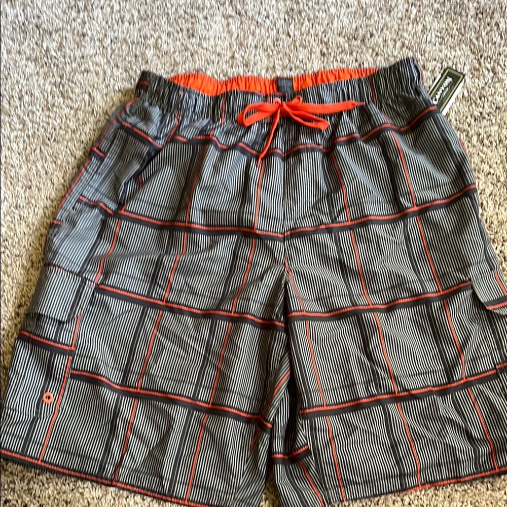 Men's Black and Orange Striped Board Shorts